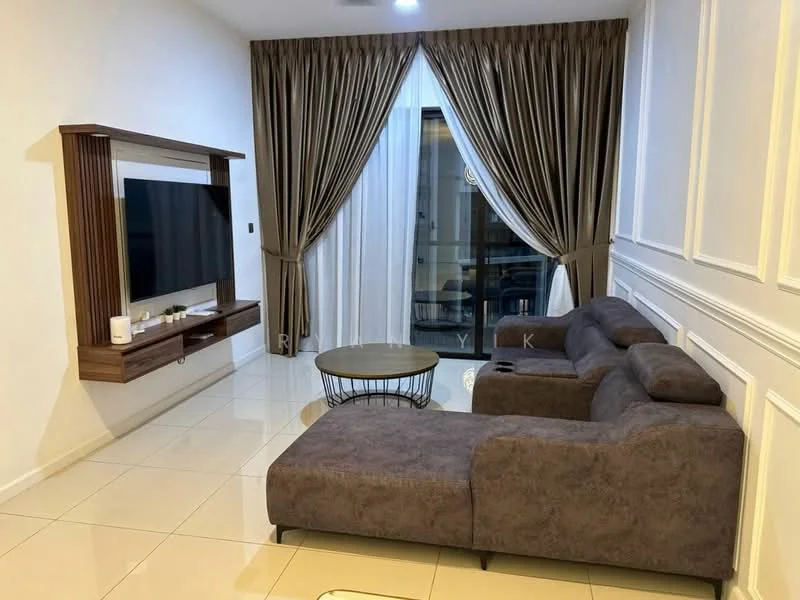 Living features: L-shape sectional sofa in grey, wooden coffee table, wall-mounted TV, TV console with wooden finish, floor-to-ceiling windows, sheer curtains, dark brown drapes, white painted walls with wainscoting, glossy tile flooring, recessed downlights; style: modern.