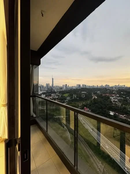Room features: floor-to-ceiling windows, glass balcony railing, tile flooring, curtains, city skyline view, high-rise building, outdoor space, evening lighting; style: modern; view: city.