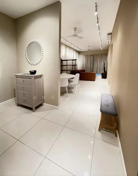 Room features: white painted walls, glossy white tile flooring, recessed downlights, 5-blade ceiling fan, round decorative mirror, wooden dresser with drawers, white dining table with chairs, wooden bench, curtains, open shelving unit, air conditioning unit; style: modern.