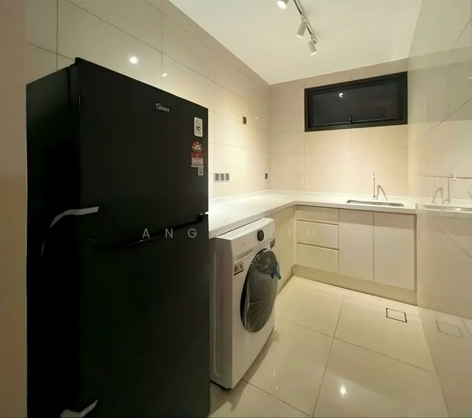 Kitchen features: white cabinetry, stainless-steel fridge, front-load washing machine, white countertop, tile backsplash, ceramic tile flooring, recessed downlights, single-bowl stainless-steel sink, chrome pull-down faucet, window above sink; style: modern.