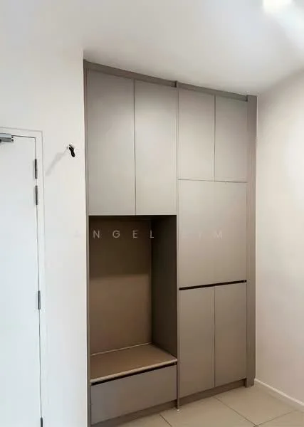 Room features: built-in cabinetry, light grey cabinetry, smooth cabinet doors, open storage space, seating area with cushion, neutral wall colour, tile flooring, single wall hook; style: modern.