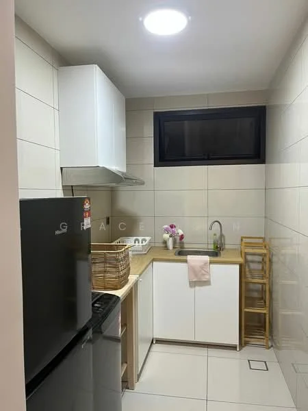 Kitchen features: white cabinetry, wood countertop, stainless-steel sink, chrome pull-down faucet, black refrigerator, built-in oven, gas stove, wall-mounted range hood, tile backsplash, light fixture in ceiling, window with black frame, bamboo basket, wooden folding chair; style: modern.