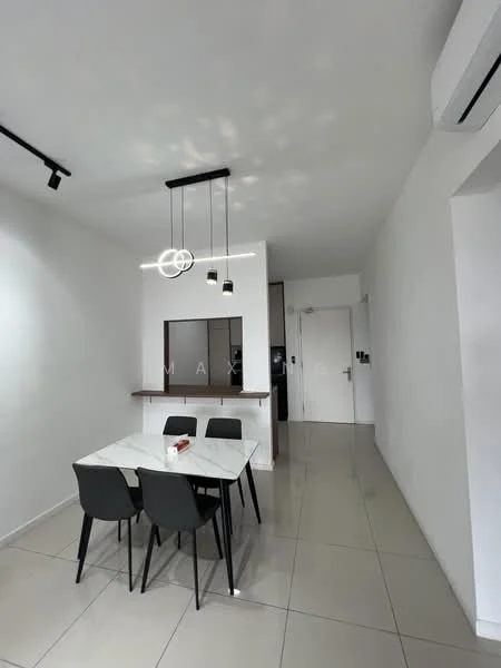 Dining features: white walls, polished tile flooring, 4-seater dining table with marble top, black dining chairs, pendant lighting with three bulbs, wall-mounted air conditioning unit, open layout to kitchen, recessed ceiling lights; style: modern. Kitchen features: dark cabinetry, countertop with bar overhang, black appliances, open layout to dining area; style: modern.