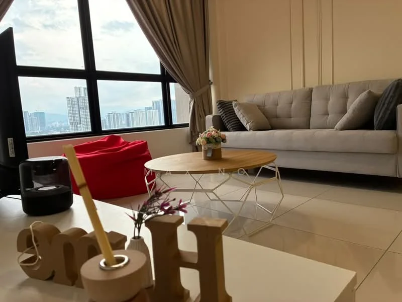 Living features: grey fabric sofa, round wooden coffee table, bean bag chair in red, floor-to-ceiling windows, curtains in beige, decorative flower vase, small decorative items on table, white tiled flooring; style: modern; view: city.