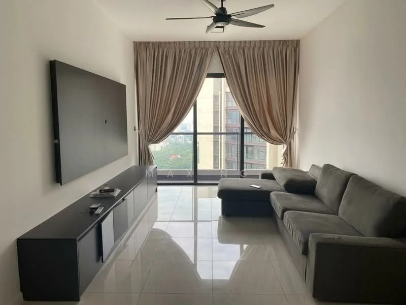 Living features: grey fabric sectional sofa, black TV console, wall-mounted TV, floor-to-ceiling windows, sheer curtains, recessed downlights, polished tile flooring, ceiling fan with light; style: modern; view: city.