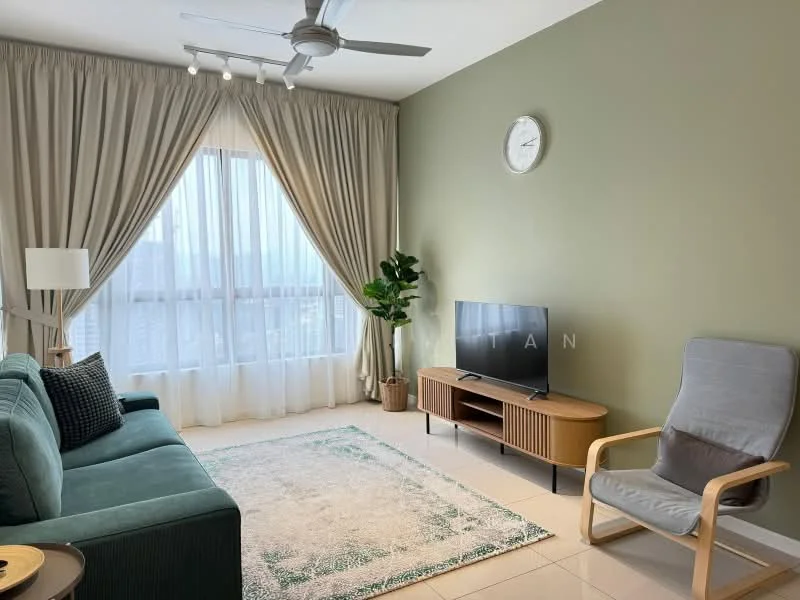 Living features: green painted walls, floor-to-ceiling windows, sheer curtains, 3-seater fabric sofa in teal, wooden coffee table, TV console, wall-mounted TV, area rug with geometric pattern, decorative plant in ceramic pot, ceiling fan with light, wall clock; style: modern; view: city.