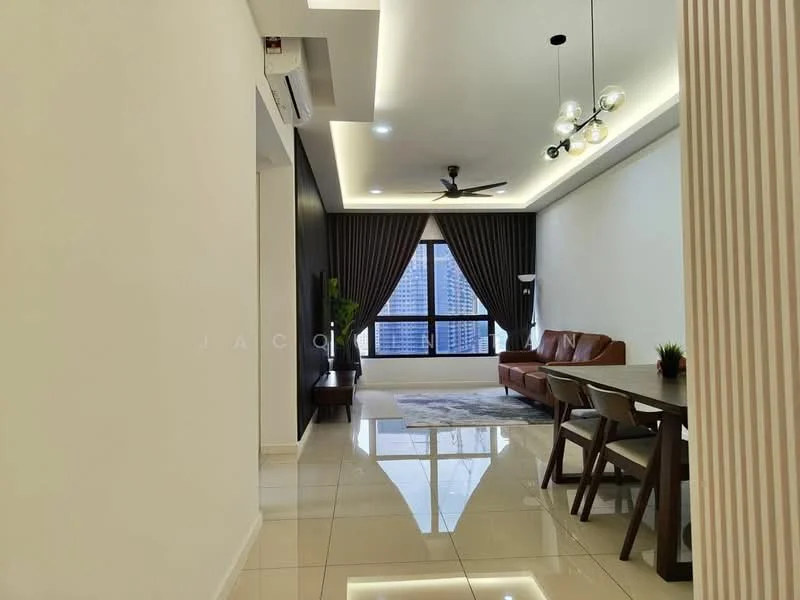 Living features: cream painted walls, dark accent wall, glossy tile flooring, 5-blade ceiling fan with light, sofa in brown leather, coffee table, area rug with geometric pattern, floor-to-ceiling windows, sheer curtains, dining table with wooden legs, decorative plant; style: modern; view: city.