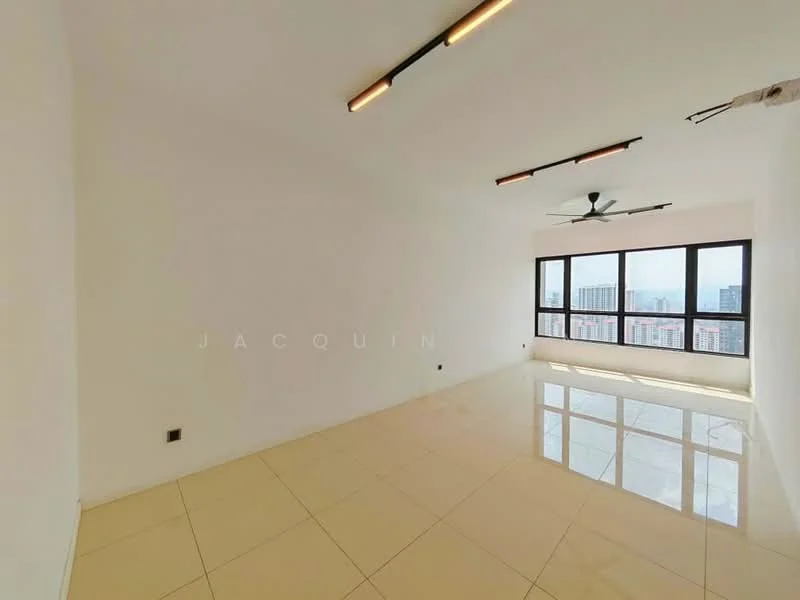 Living features: white painted walls, glossy beige tile flooring, 5-blade ceiling fan, floor-to-ceiling windows, city view, recessed lighting, open layout, no visible furniture; style: modern; view: city.