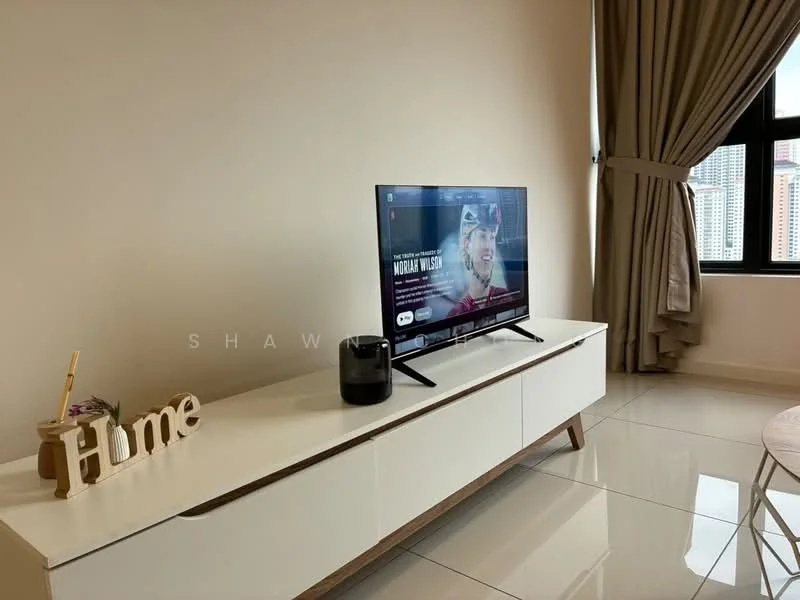 Living features: white painted walls, glossy tile flooring, floor-to-ceiling windows, curtains in beige, TV on a white media console, decorative wooden letters spelling 'Home', black speaker, minimalist decor; style: modern; view: city.