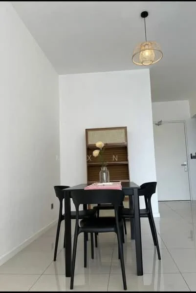 Dining features: black dining table, 4 black dining chairs, pendant light fixture, white painted walls, glossy tile flooring, decorative vase with flowers, wooden storage unit, table runner; style: modern.