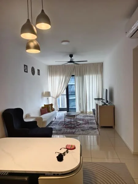 Living features: 3-seater fabric sofa in white, armchair in dark blue, coffee table, TV console, wall-mounted TV, area rug with geometric pattern, floor-to-ceiling windows, sheer curtains, ceiling fan with light, recessed downlights, decorative wall clock, decorative wall art; style: modern; view: city. Room features: white painted walls, glossy tile flooring, air conditioning unit.