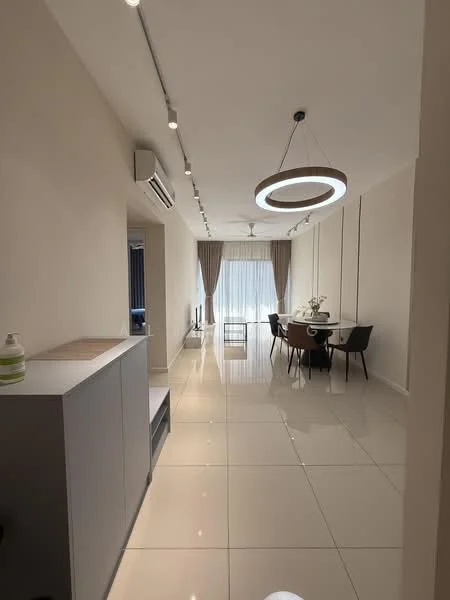 Room features: white painted walls, glossy tile flooring, recessed LED downlights, 5-blade ceiling fan with light, round pendant light, dining table with chairs, large window with sheer curtains, air conditioning unit, decorative plant on table, open layout; style: modern.