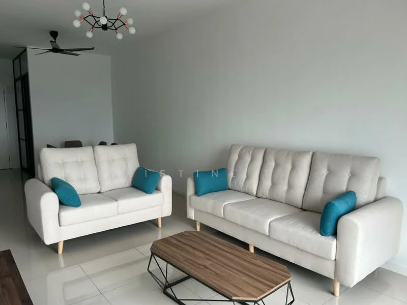 Living features: 2-seater fabric sofa in light beige, 3-seater fabric sofa in light beige, blue accent cushions, wooden coffee table with metal legs, polished ceramic tile flooring, white painted walls, ceiling fan with light, modern chandelier with multiple bulbs; style: modern.