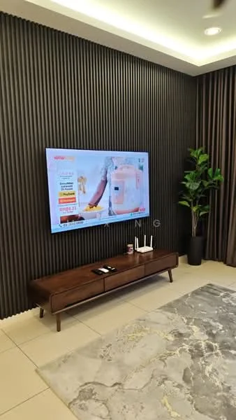 Living features: wall-mounted TV, wooden TV console, decorative plant in pot, grey area rug with abstract pattern, textured accent wall, recessed ceiling lights, cream tiled flooring, floor-to-ceiling curtains; style: modern.