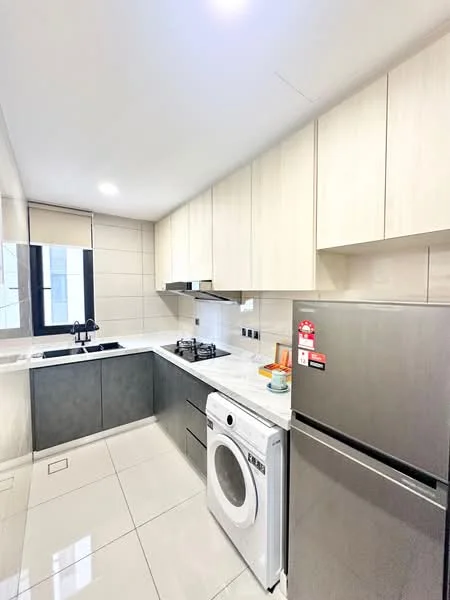 Kitchen features: white cabinetry with flat-panel design, grey lower cabinets, marble countertop, stainless-steel sink, chrome pull-down faucet, 4-burner gas hob, built-in oven, stainless-steel refrigerator, front-load washing machine, ceramic tile flooring, wall-mounted cabinets, window with black frame, recessed downlights; style: modern.