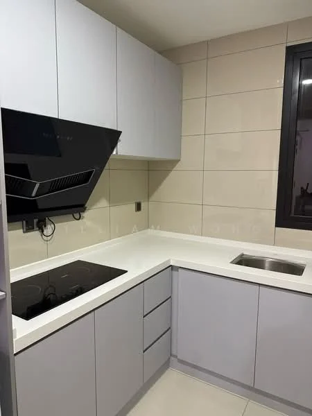 Kitchen features: grey cabinetry, white countertop, built-in induction cooktop, black range hood, stainless-steel sink, wall tiles with beige finish, under-cabinet lighting, drawer storage, corner countertop layout; style: modern.