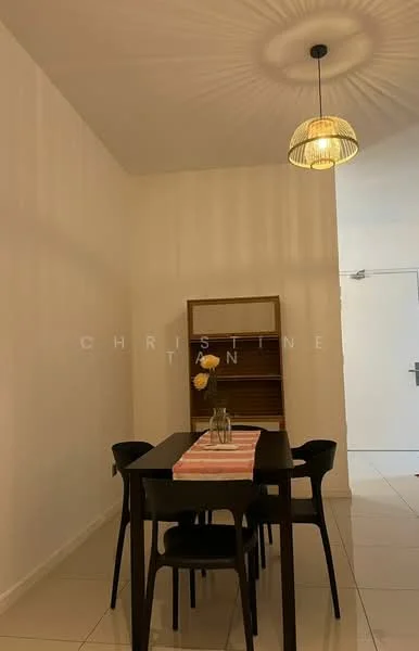 Dining features: black dining table, 4 black dining chairs, pendant light fixture, white painted walls, glossy tile flooring, wooden shelving unit, decorative vase with flower, table runner; style: modern.