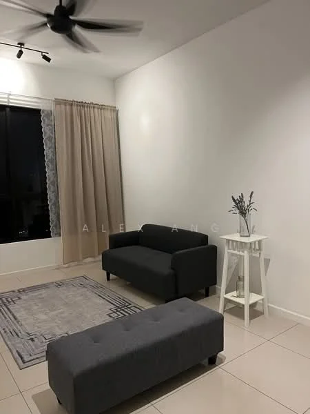 Living features: grey fabric 3-seater sofa, grey fabric ottoman, area rug with geometric pattern, white side table, floor-to-ceiling window, sheer curtains, light-colored walls, tile flooring, ceiling fan; style: modern; view: city.