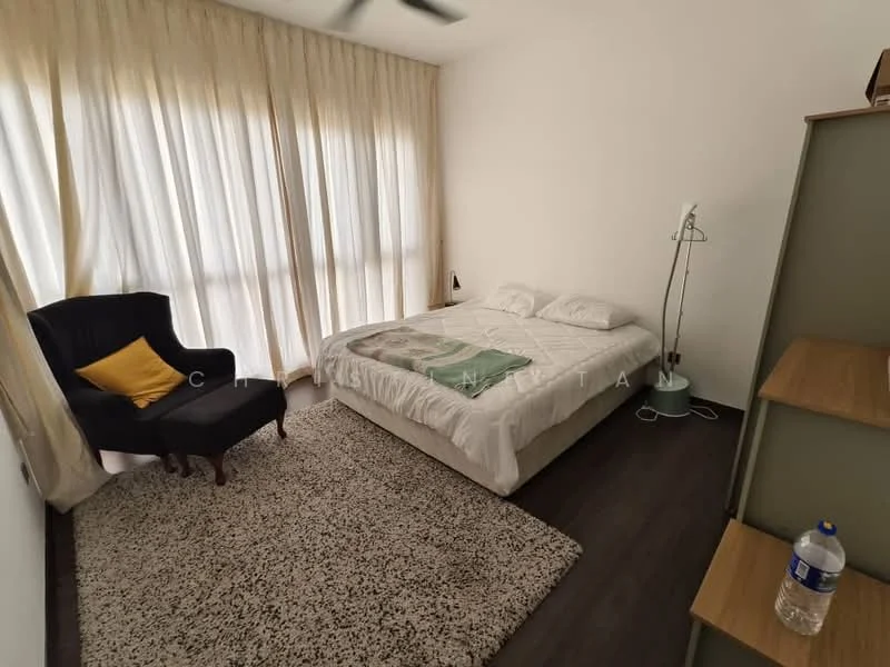 Bedroom features: queen-size bed with white bedding, black upholstered armchair, yellow accent pillow, light brown area rug, wooden flooring, floor-to-ceiling windows with sheer curtains, table lamp, nightstand, water bottle on nightstand; style: modern.