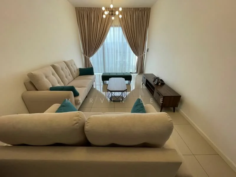 Living features: 3-seater fabric sofa in beige, 2-seater fabric sofa in beige, accent cushions in teal, coffee table with metal frame, TV console in wood, floor-to-ceiling windows, sheer curtains, light fixture with multiple bulbs, tile flooring, white painted walls; style: modern.