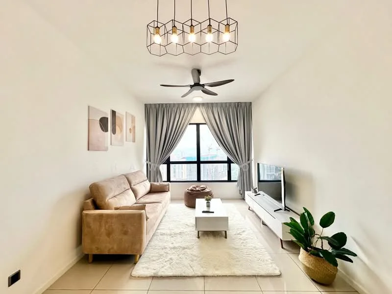 Living features: 3-seater fabric sofa in beige, coffee table, wall-mounted TV, TV console, area rug, 5-blade ceiling fan with integrated LED light, floor-to-ceiling windows, sheer curtains, decorative plant in ceramic pot, light-colored walls, tile flooring, geometric artwork on walls; style: modern; view: city.