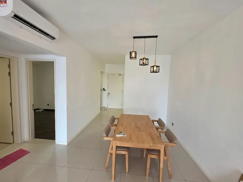 Dining features: wooden dining table, 4 upholstered dining chairs, pendant lighting with three fixtures, white painted walls, tile flooring, wall-mounted air conditioning unit, doorway leading to hallway, doorway leading to another room; style: modern.