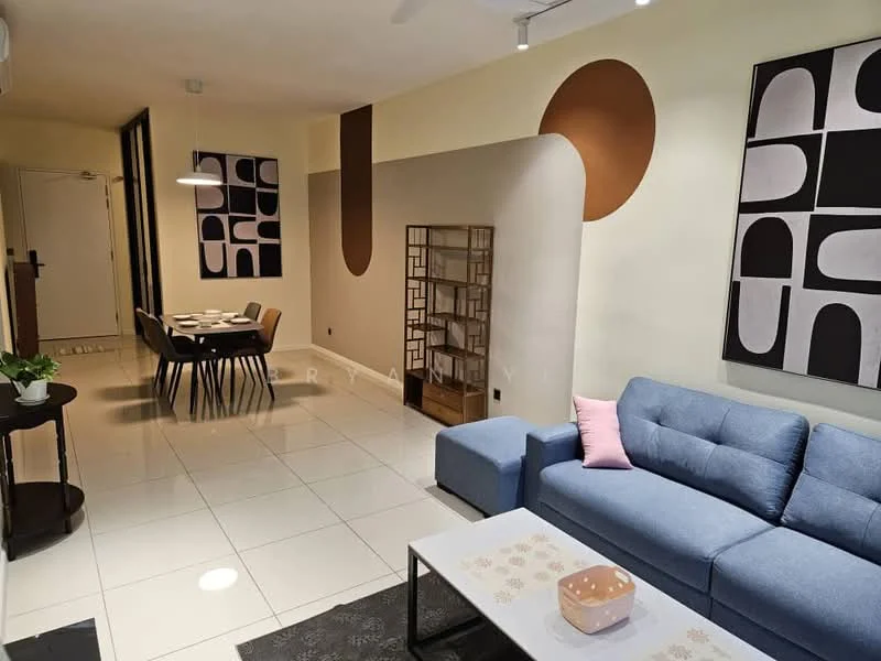 Living features: blue fabric sofa, pink decorative pillow, coffee table with decorative elements, area rug, wall-mounted artwork with abstract designs, cream painted walls, recessed ceiling lights, dining table with four chairs, floor-to-ceiling windows, tile flooring; style: modern.