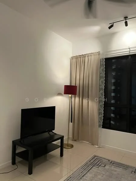 Living features: white painted walls, glossy tile flooring, floor-to-ceiling windows, sheer curtains, blackout curtains, black TV console, flat-screen TV, gold floor lamp with red shade, area rug with geometric pattern, track lighting; style: modern.