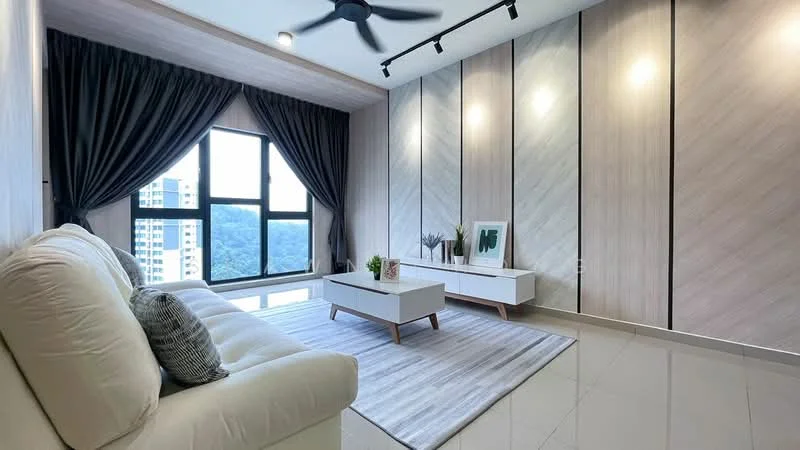 Living features: 3-seater fabric sofa in white, coffee table with wooden legs, area rug with geometric pattern, floor-to-ceiling windows, blackout curtains, light wood panelled accent wall, recessed downlights, ceiling fan with light, glossy tile flooring, decorative wall art; style: modern; view: mountain.