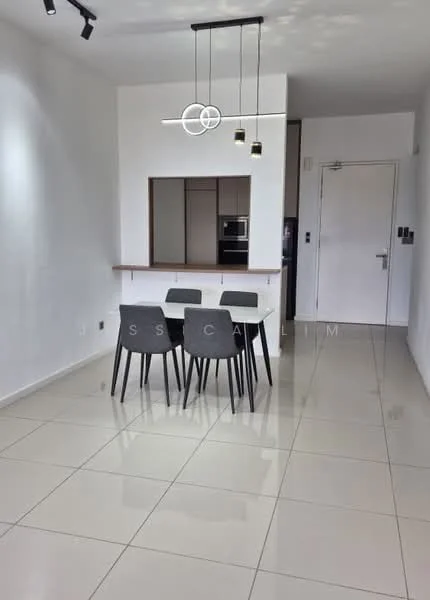 Dining features: white painted walls, glossy ceramic tile flooring, modern pendant lighting, 4-seater dining table, black dining chairs, open kitchen layout, kitchen counter with bar seating, built-in kitchen appliances visible; style: modern.
