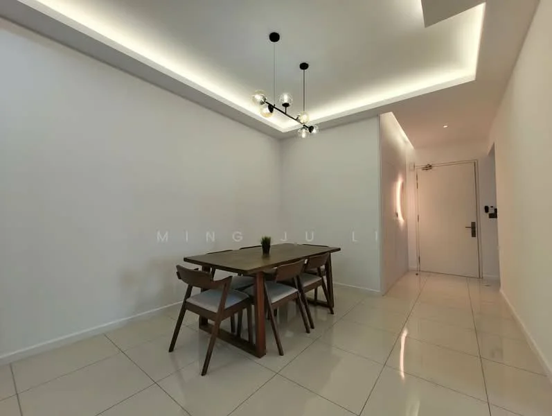 Dining features: white painted walls, glossy tile flooring, tray ceiling with recessed lighting, modern chandelier, wooden dining table, 4 wooden dining chairs, decorative plant on table, doorway leading to hallway; style: modern.