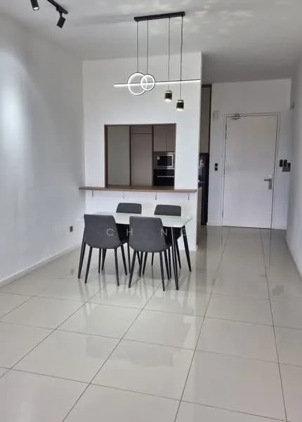 Dining features: white painted walls, glossy ceramic tile flooring, recessed downlights, modern pendant lighting, 4-seater dining table, grey upholstered dining chairs, open kitchen layout, built-in cabinetry, kitchen countertop, door leading to hallway; style: modern.