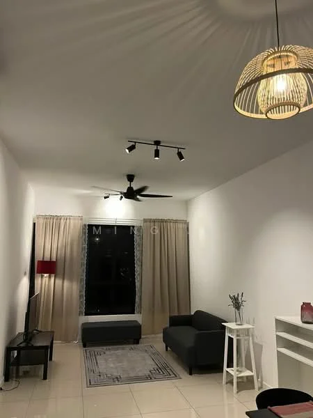 Living features: white painted walls, polished tile flooring, 5-blade ceiling fan with light, track lighting, sofa in dark grey, coffee table, area rug with geometric pattern, curtains in beige, floor-to-ceiling window, decorative plant in ceramic pot; style: modern; view: city.