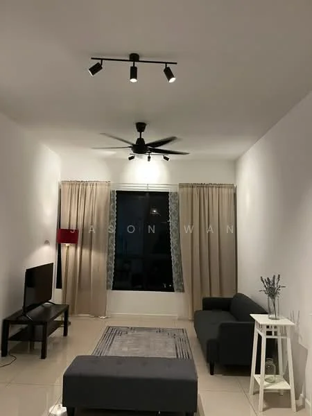 Living features: 3-seater fabric sofa in dark grey, coffee table, wall-mounted TV, TV console, area rug with geometric pattern, floor-to-ceiling windows, sheer curtains, blackout curtains, 5-blade ceiling fan with light, recessed LED downlights, white painted walls, cream tiled flooring; style: modern.