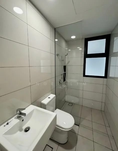 Bathroom features: white tiled walls, grey tiled flooring, walk-in shower with glass enclosure, chrome basin mixer faucet, single-sink vanity, one-piece toilet, recessed downlights, sliding window, shower head, shower control panel; style: modern.