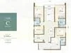 Floor plan: 3-bedroom 2-bathroom unit; features: open-plan kitchen-dining-living, master bedroom with ensuite bathroom, bedroom 2 with shared bathroom, utility room, balcony off living room, central foyer, 1 car porch.