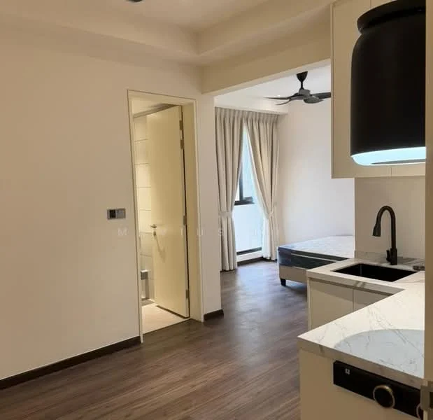 Kitchen features: white cabinetry, black gooseneck faucet, single-bowl stainless-steel sink, marble countertop, recessed downlights, wood laminate flooring, open layout, wall-mounted split AC; style: modern. Room features: door leading to bathroom, curtains, window, bed in background.