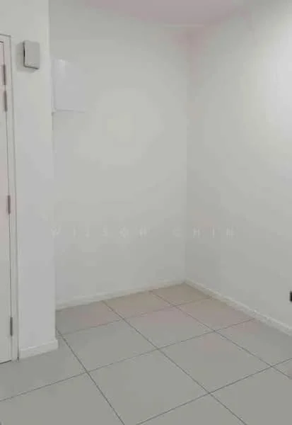 Room features: white painted walls, tile flooring, corner space, light switch, door, wall-mounted electrical panel; style: modern.