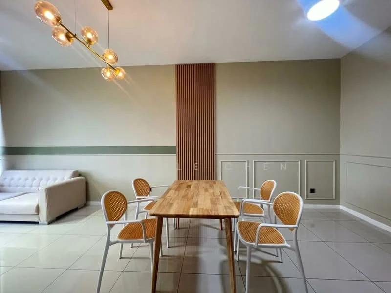 Dining features: wood dining table, 4 dining chairs with cane backrest, white painted walls, cream accent wall, recessed downlights, hanging pendant light fixture, glossy tile flooring, decorative wall paneling; style: modern.