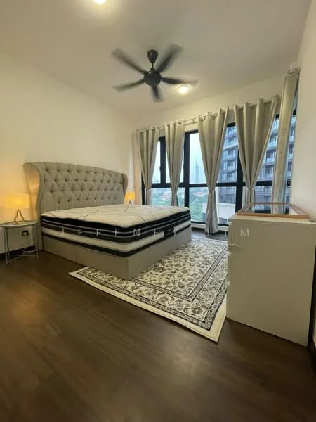 Bedroom features: king-size bed with upholstered headboard, 2 bedside lamps, floor-to-ceiling windows, sheer curtains, dark wood flooring, area rug with geometric pattern, ceiling fan with light, built-in wardrobe; style: modern; view: city.