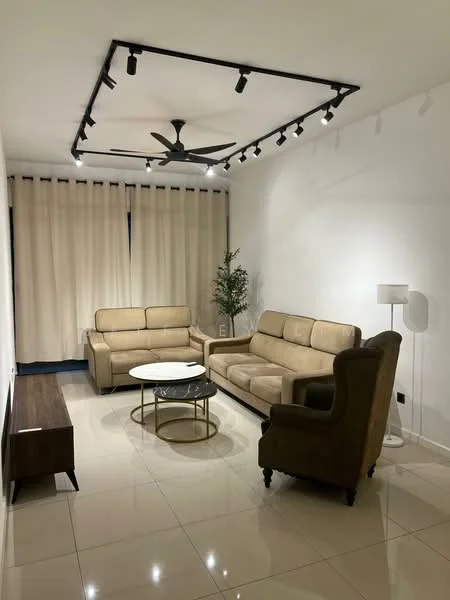 Living features: 3-seater fabric sofa in beige, 2-seater fabric sofa in beige, coffee table with glass top and gold base, floor lamp with white shade, wooden TV console, 5-blade ceiling fan with integrated LED light, recessed downlights, curtains in light beige, glossy tile flooring in cream, decorative plant in ceramic pot; style: modern.