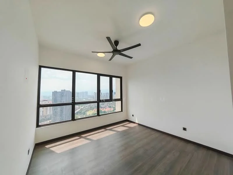 Bedroom features: floor-to-ceiling windows, black ceiling fan, white painted walls, laminate flooring, city view, recessed downlights; style: modern; view: city.