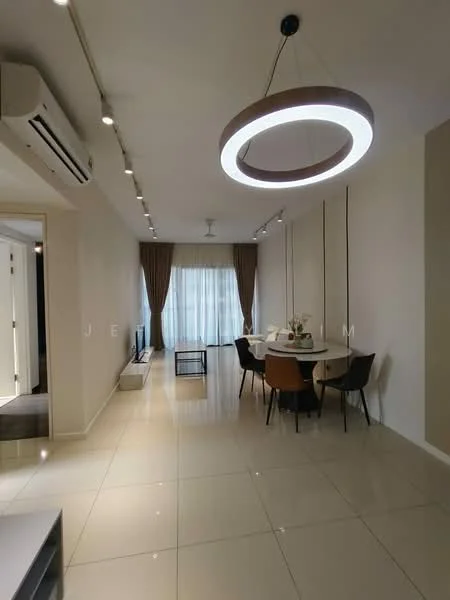 Dining features: round dining table, 4 upholstered dining chairs, pendant light with circular design, floor-to-ceiling windows, sheer curtains, cream painted walls, glossy tile flooring, wall-mounted TV, ceiling fan, air conditioning unit; style: modern.