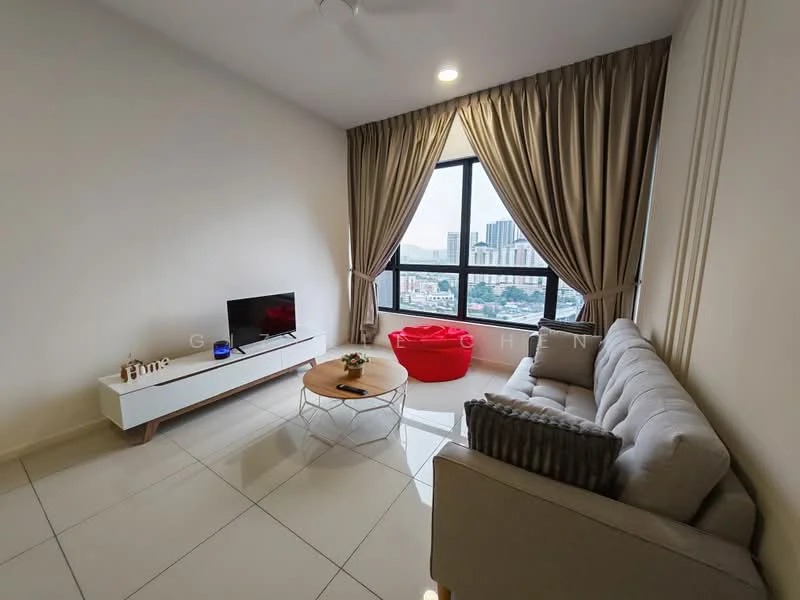 Living features: grey fabric sofa, coffee table, wall-mounted TV, white TV console, red bean bag chair, floor-to-ceiling windows, curtains, recessed downlights, glossy tile flooring; style: modern; view: city.