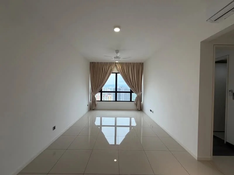 Living features: white painted walls, glossy tile flooring, 5-blade ceiling fan with light, floor-to-ceiling windows, sheer curtains, city view, recessed downlights; style: modern; view: city.
