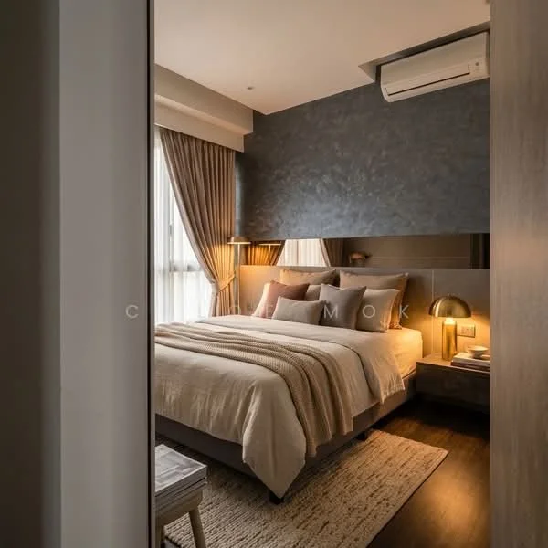 Bedroom features: king-size bed with beige bedding, upholstered headboard, bedside lamps with warm light, wooden nightstand, textured grey accent wall, floor-to-ceiling windows with sheer curtains, recessed lighting, area rug with neutral tones, wooden flooring, wall-mounted air conditioning unit; style: modern.