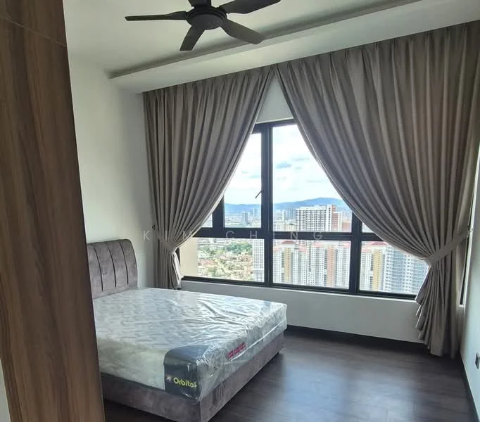 Bedroom features: king-size bed, upholstered headboard, floor-to-ceiling windows, grey curtains, wooden flooring, 5-blade ceiling fan, decorative wall, city view; style: modern; view: city.