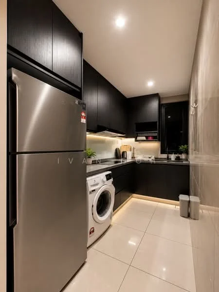 Laundry features: black cabinetry, stainless-steel fridge, front-load washing machine, white countertop, tile flooring, recessed LED downlights, backlit shelf, plant decor, two waste bins; style: modern.