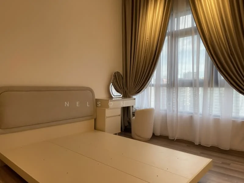 Bedroom features: queen-size bed, upholstered headboard, wooden flooring, floor-to-ceiling windows, sheer curtains, dark curtains, dressing table with mirror, decorative chair, wall-mounted lighting; style: modern; view: city.