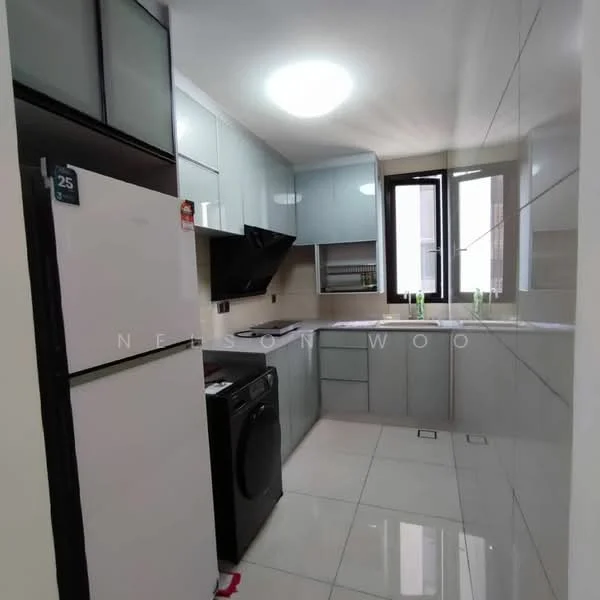 Kitchen features: white glossy cabinetry, black countertop, stainless-steel sink, chrome pull-down faucet, built-in oven, freestanding washing machine, ceramic tile flooring, recessed ceiling lights, floor-to-ceiling window, grey tiled backsplash, open shelving, microwave, kitchen island, pantry cabinet; style: modern.
